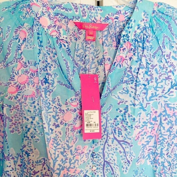 Lilly Pulitzer Coleman Top Now You Sea Me Blue Ibiza Button Up Size X-Small New - Picture 8 of 12